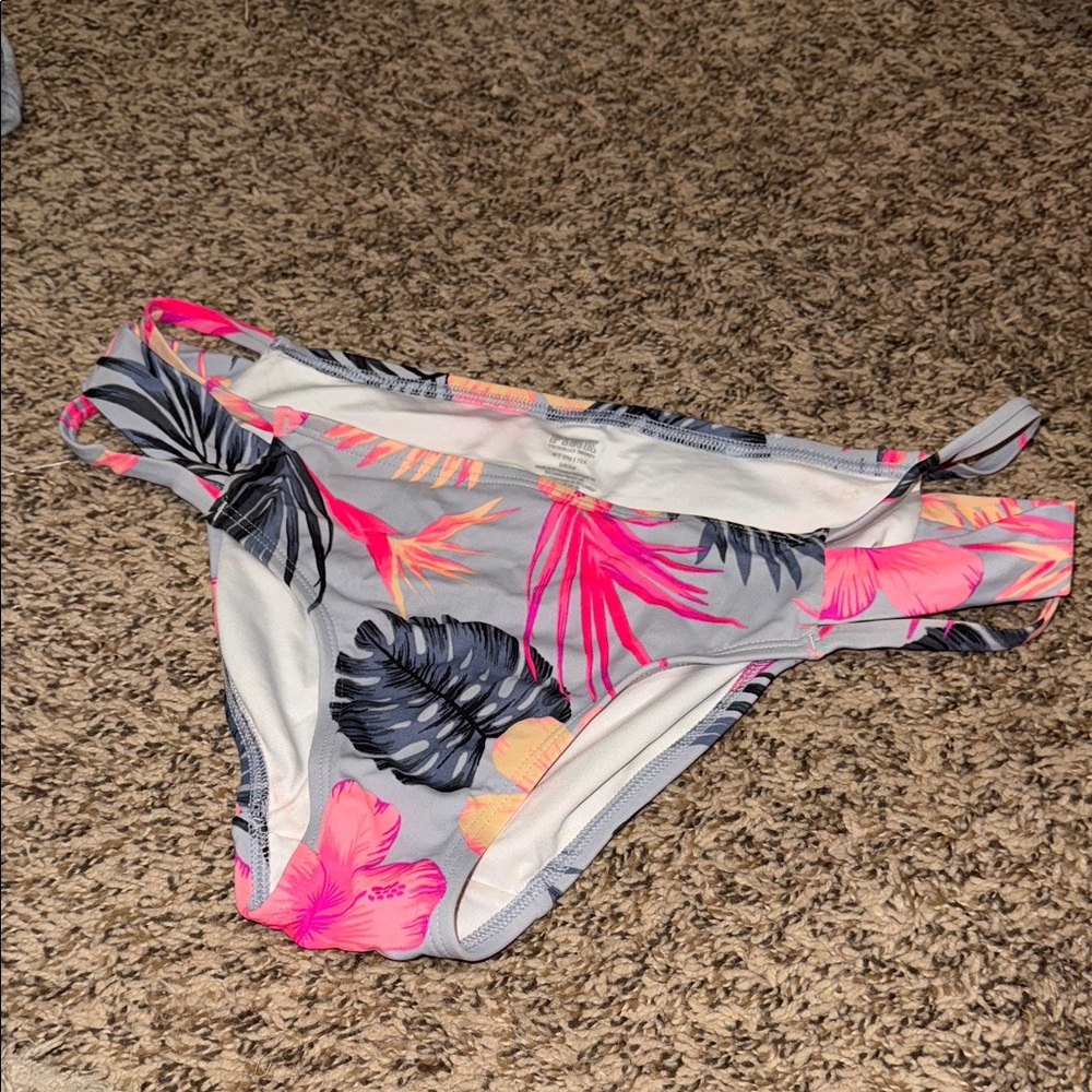 Tropical Floral Bikini Bottoms in Gray and Hot Pink